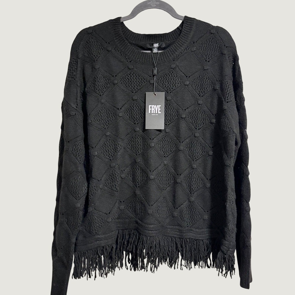 Frye Womens Black Diamond Pointelle Bobble Knit Fringe Hem Sweater Large NWT